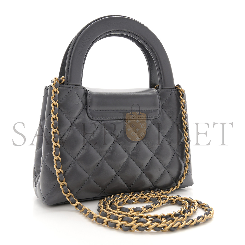 Ch*el master kelly bag quilted grey shiny calfskin aged gold hardware (19*13*7cm)